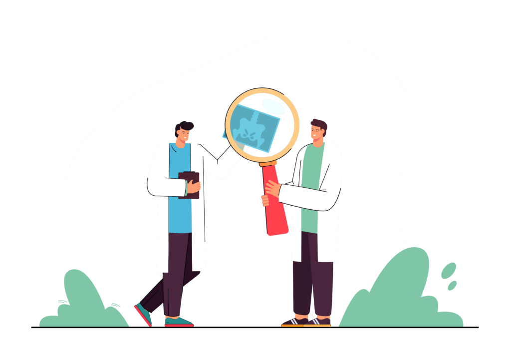 cartoon doctors analyzing xray of pelvis with magnifier kopie
